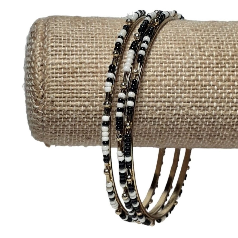 Beaded 3 Bangle Bracelets Stack Black And White O… - image 5